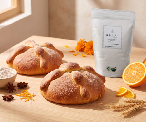 Pan de muerto orgánico casero preparado con harina de trigo GREAT