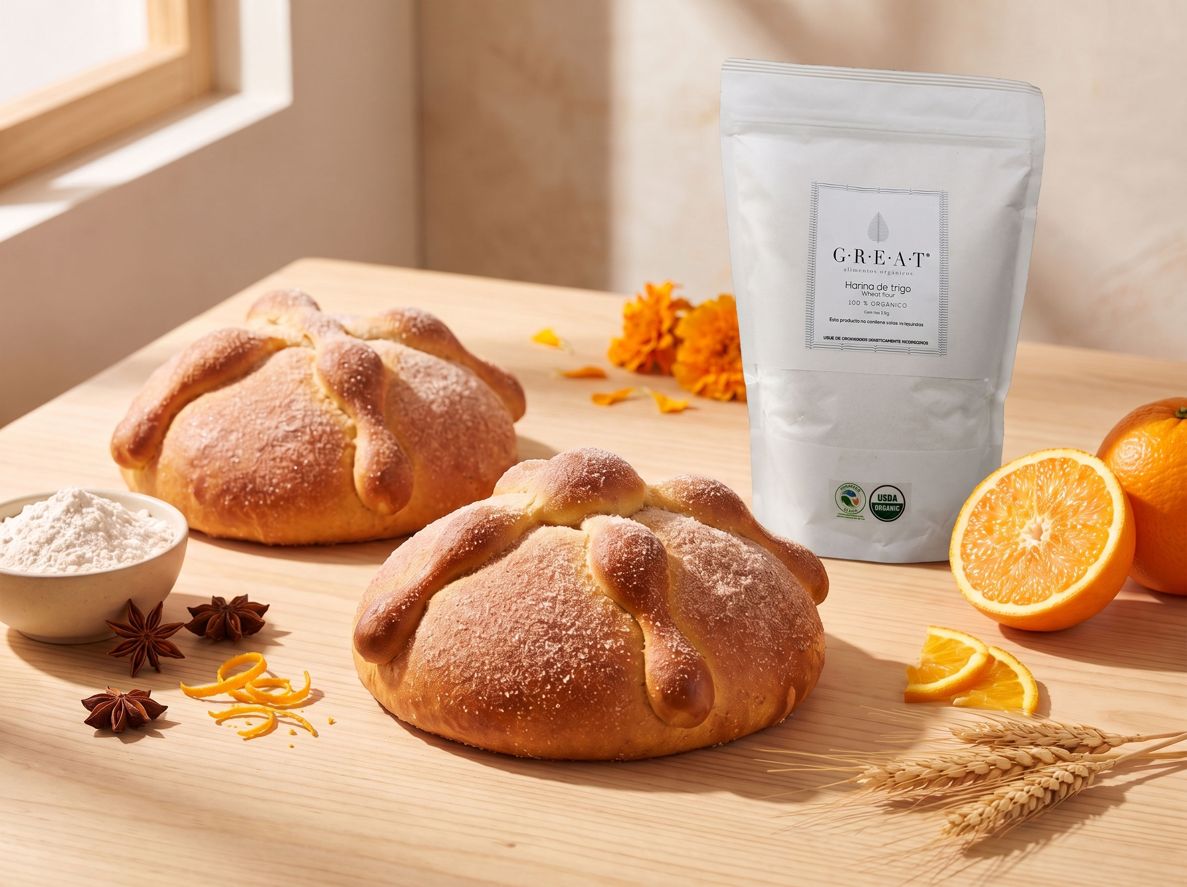 Pan de muerto orgánico casero preparado con harina de trigo GREAT